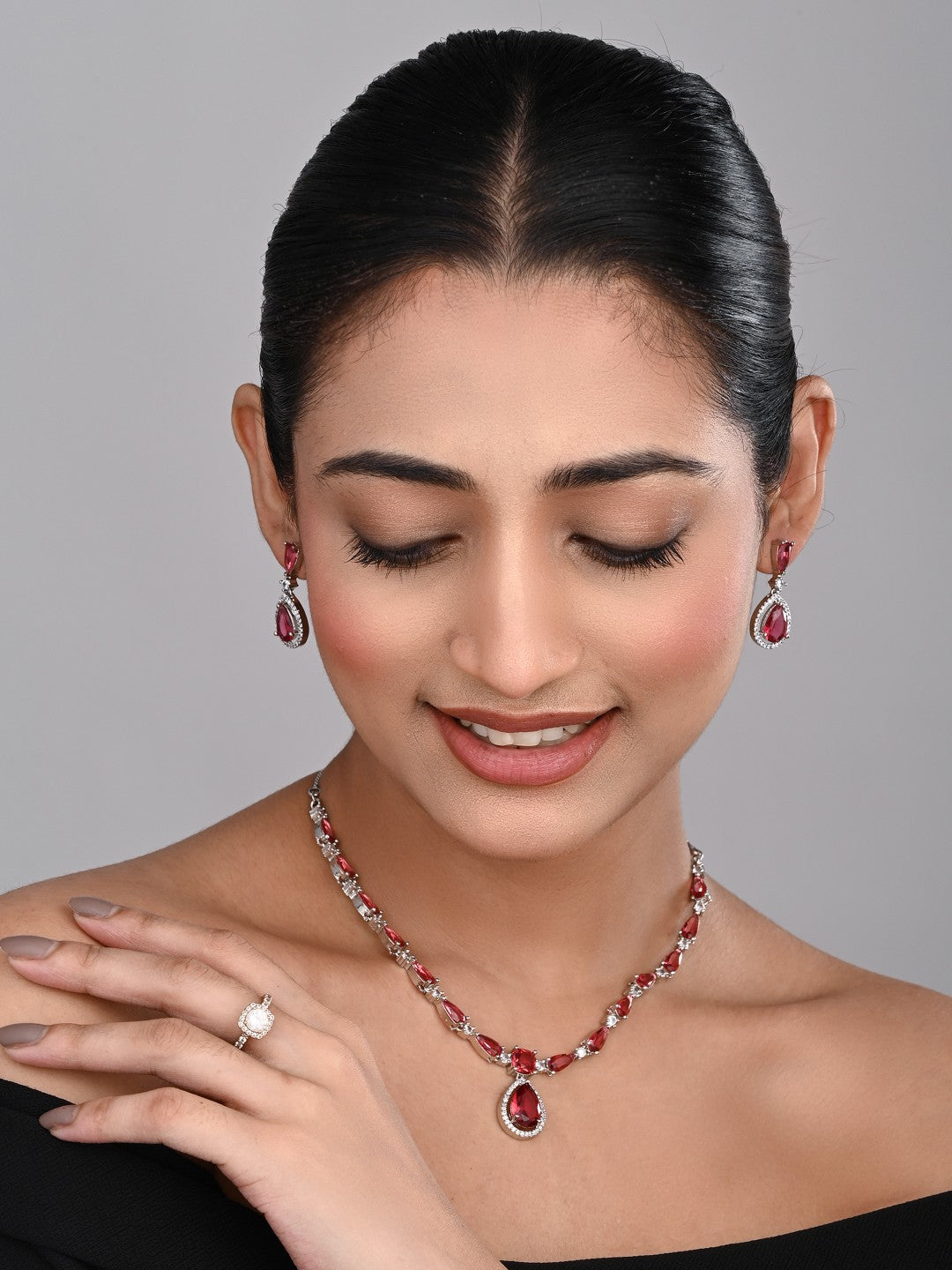 Silver-Tone Ruby Red Teardrop Necklace Set