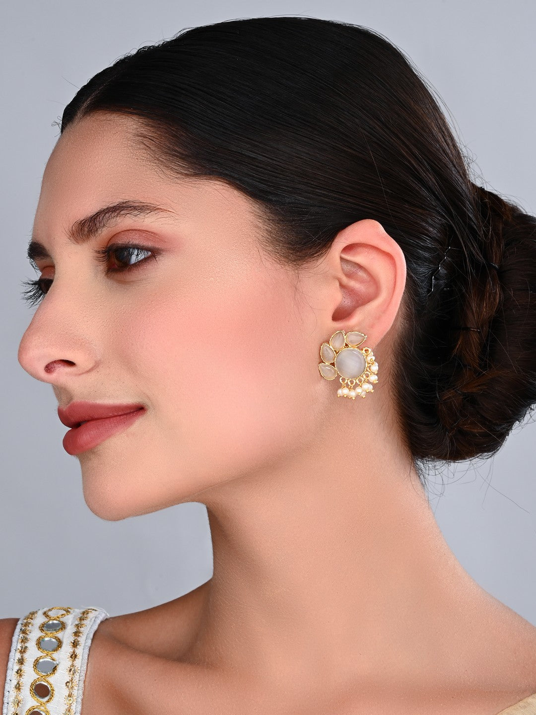 Stone Gold-Toned Earrings with Pearl Drops - Ivory
