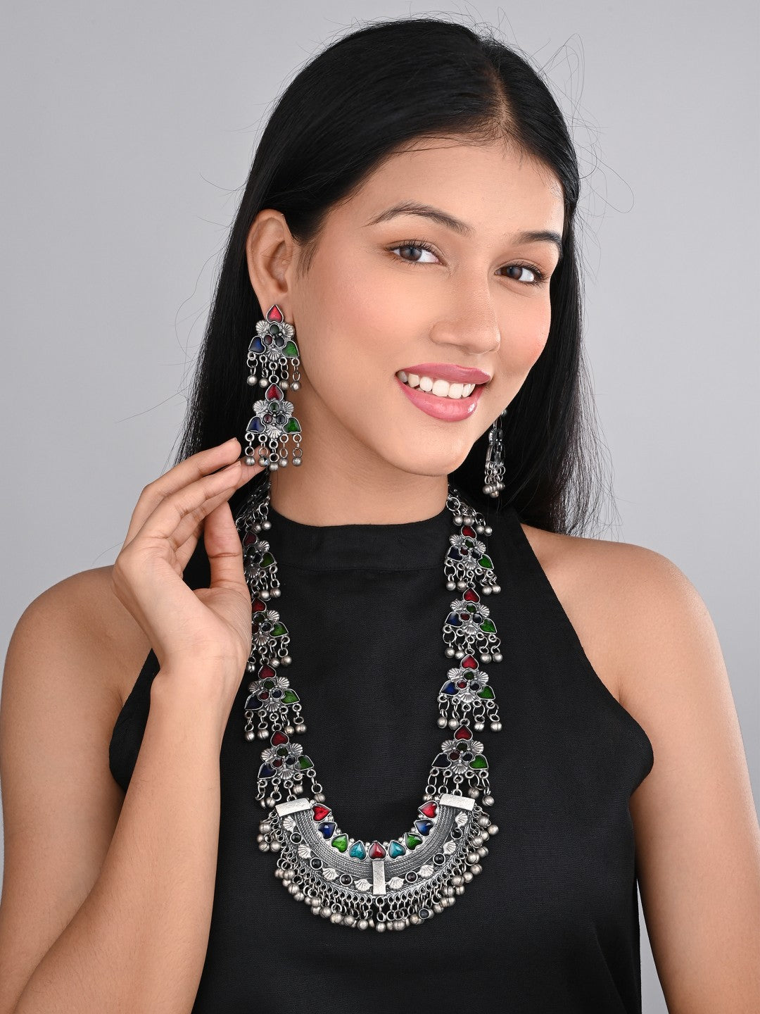 Silver Oxidised Finish Meenakari Necklace Set