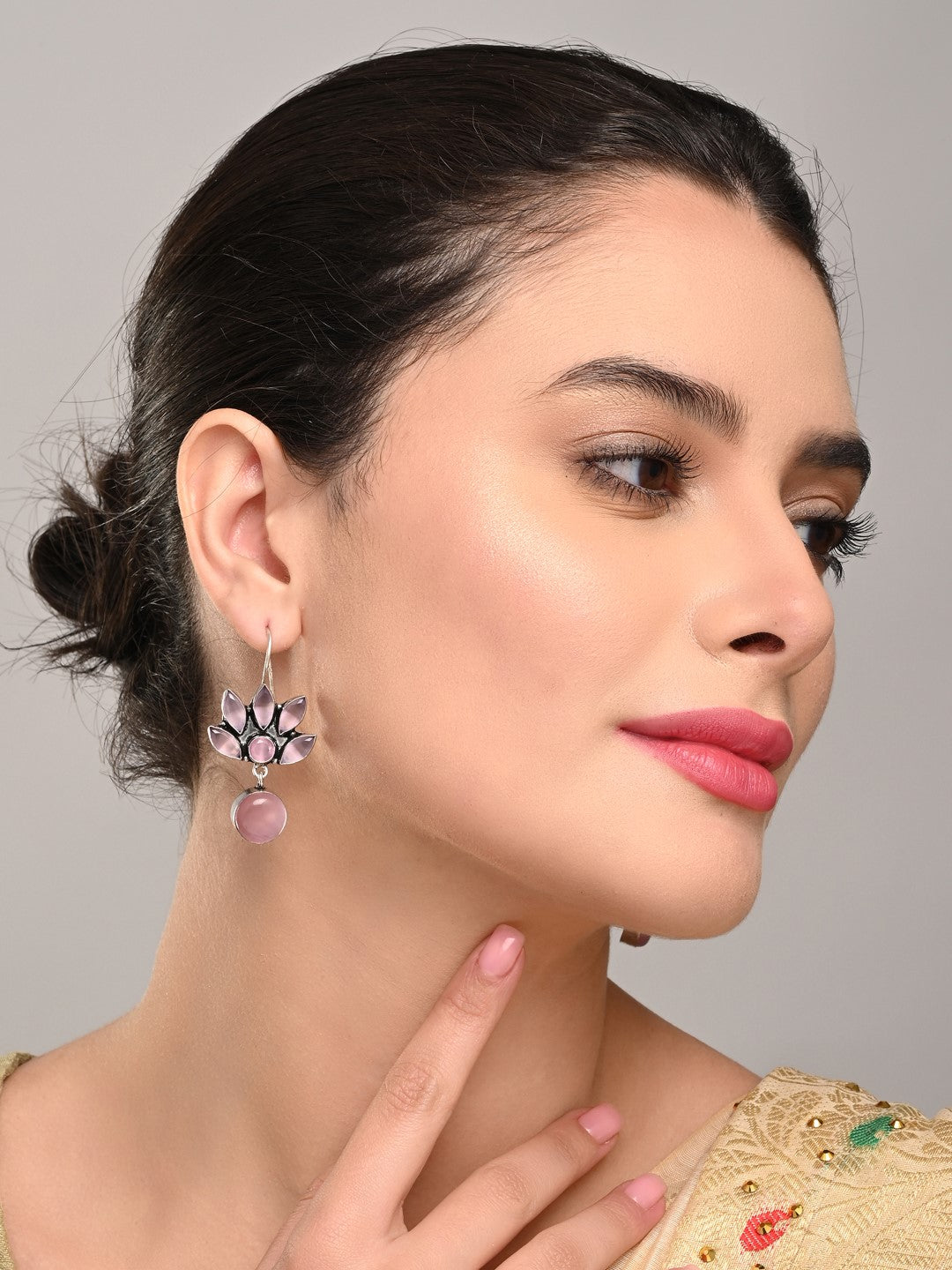 Silver Oxidized Lotus Drop Earrings Pink