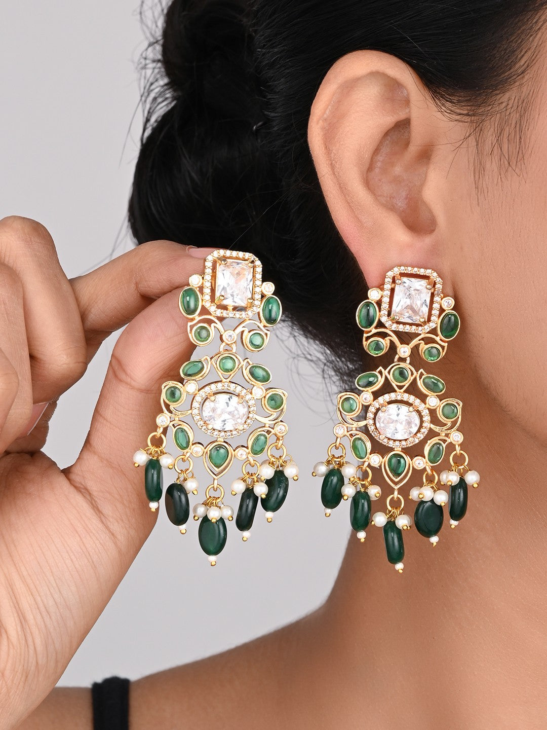 Gold plated Kundan & AD stone chandbali bali - Green