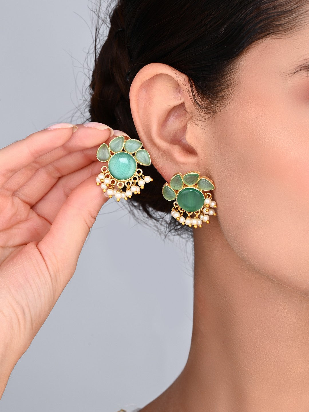Stone Gold-Toned Earrings with Pearl Drops - Blue