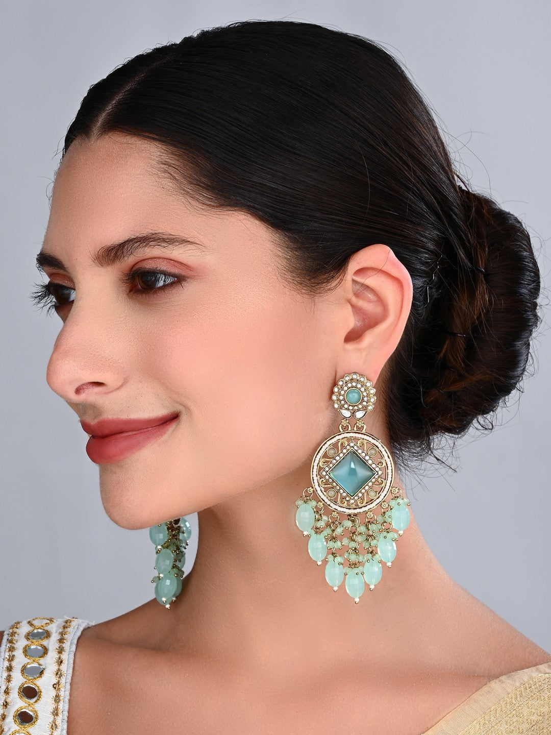 Gold-Toned Kundan Drop Earrings with Turquoise Stones and Bead Fringe