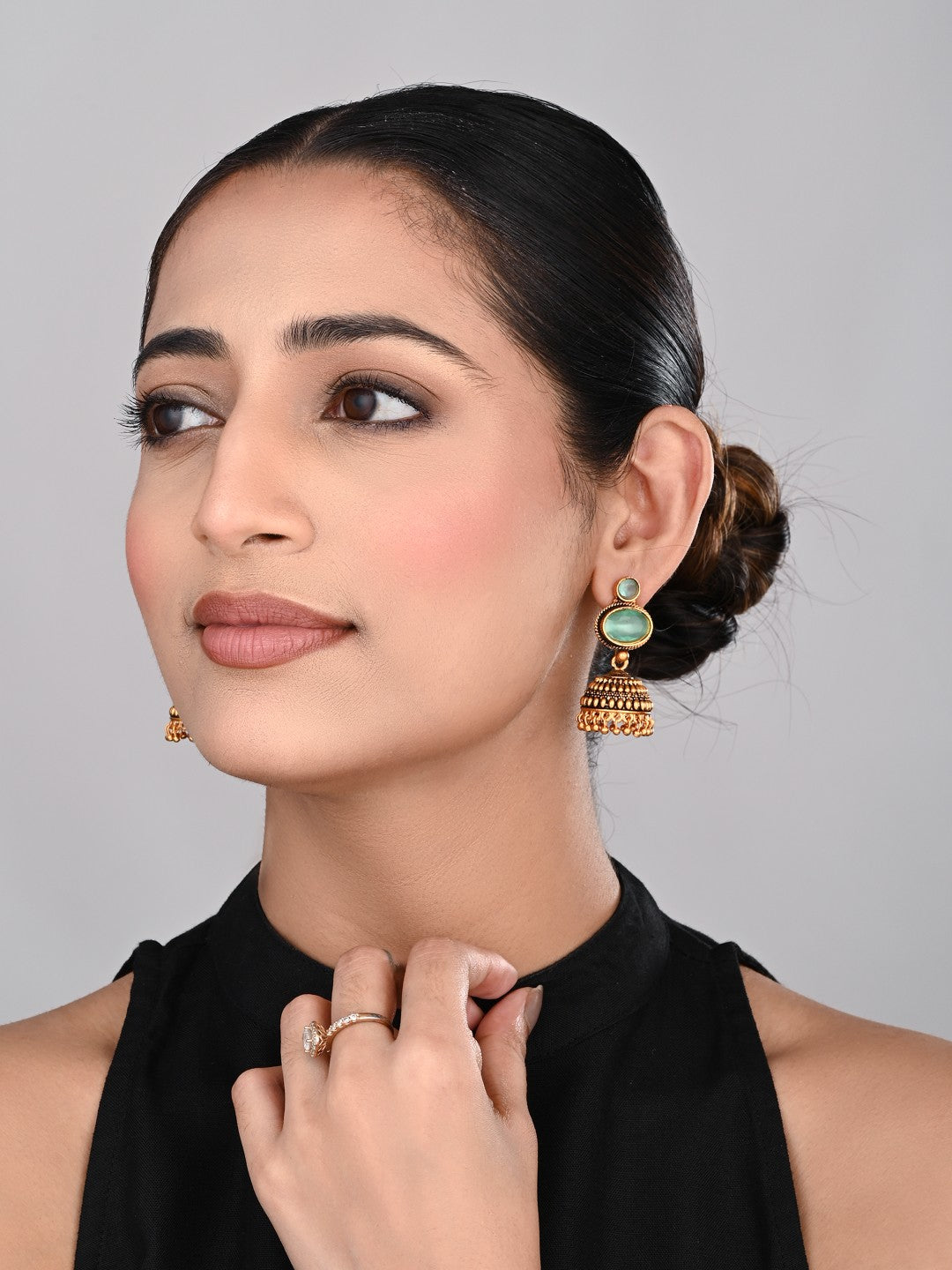 Sage Green stone top & Gold Jhumka Earring