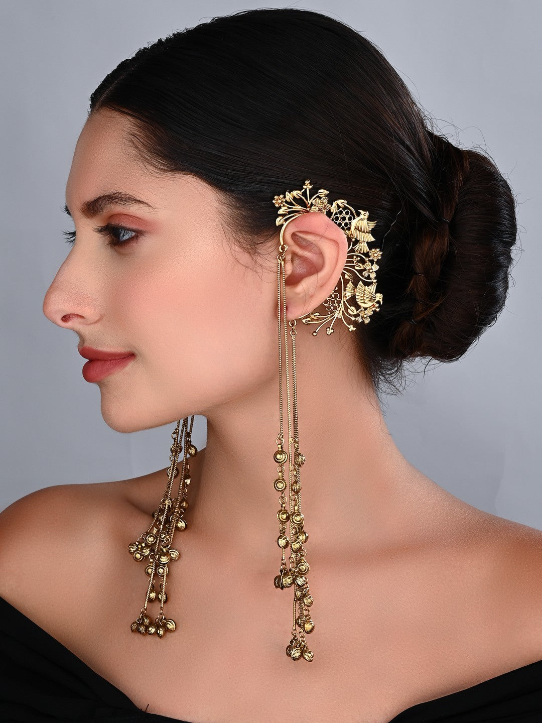 Samaira Gold Floral Ear Cuff Chain Earrings