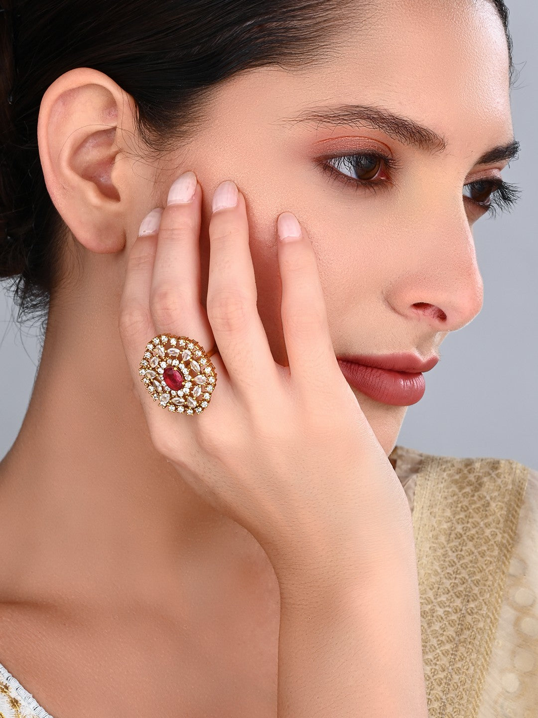 Ruby Red Stone & Crystal Floral Ring