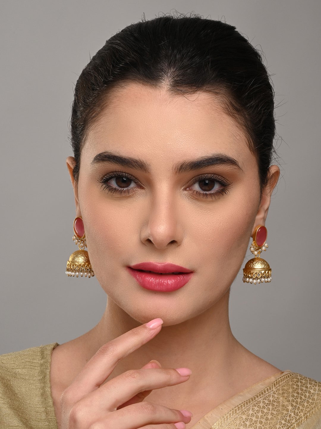 Gold plated Jhumka Earring Pink