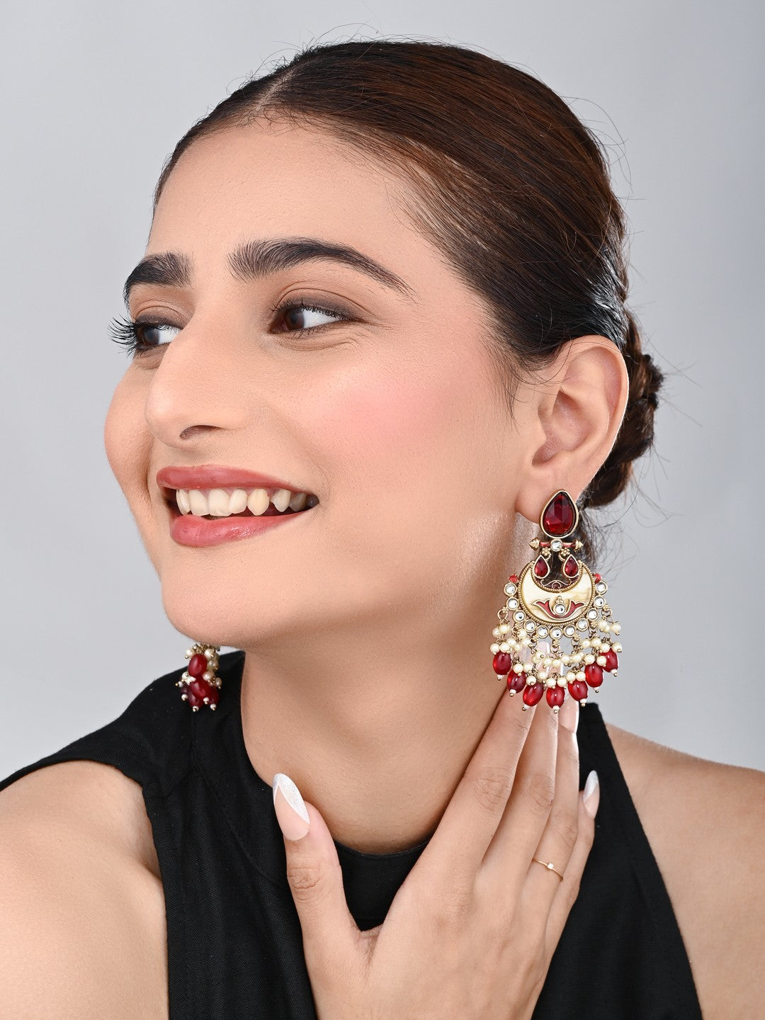 Gold-Plated Meenakari Chandbali Earrings with Kundan & Pearl Drops - Red