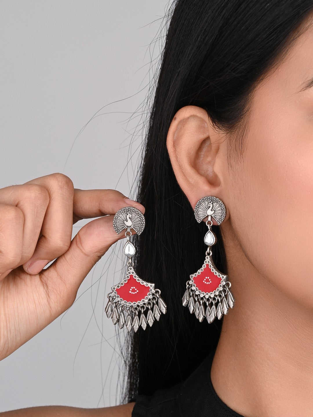 Silver Oxidised finish Red hand painted drop earring