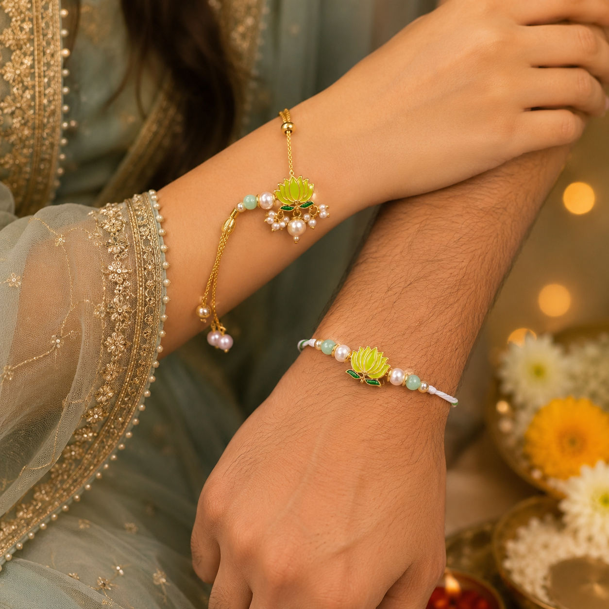 Lotus Bhaiya Bhabhi Rakhi Set β Pearl Bracelet & Designer Rakhi Combo