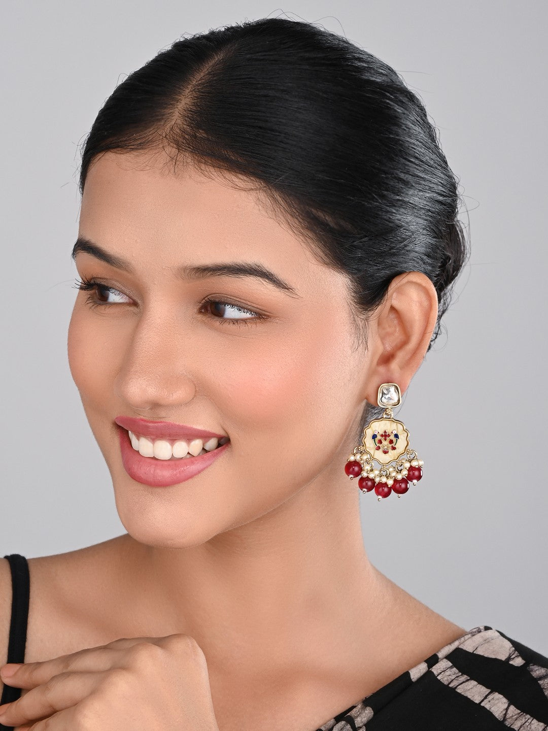 Contemporary kundan, MOP & Meenakari Drop Earring Red