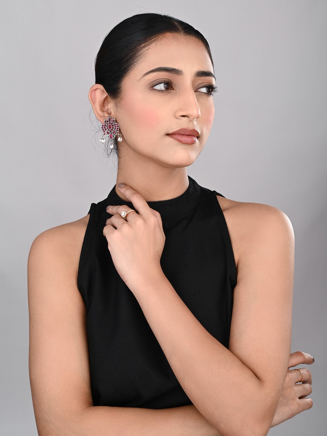 Stones Studded Bird Studs- red