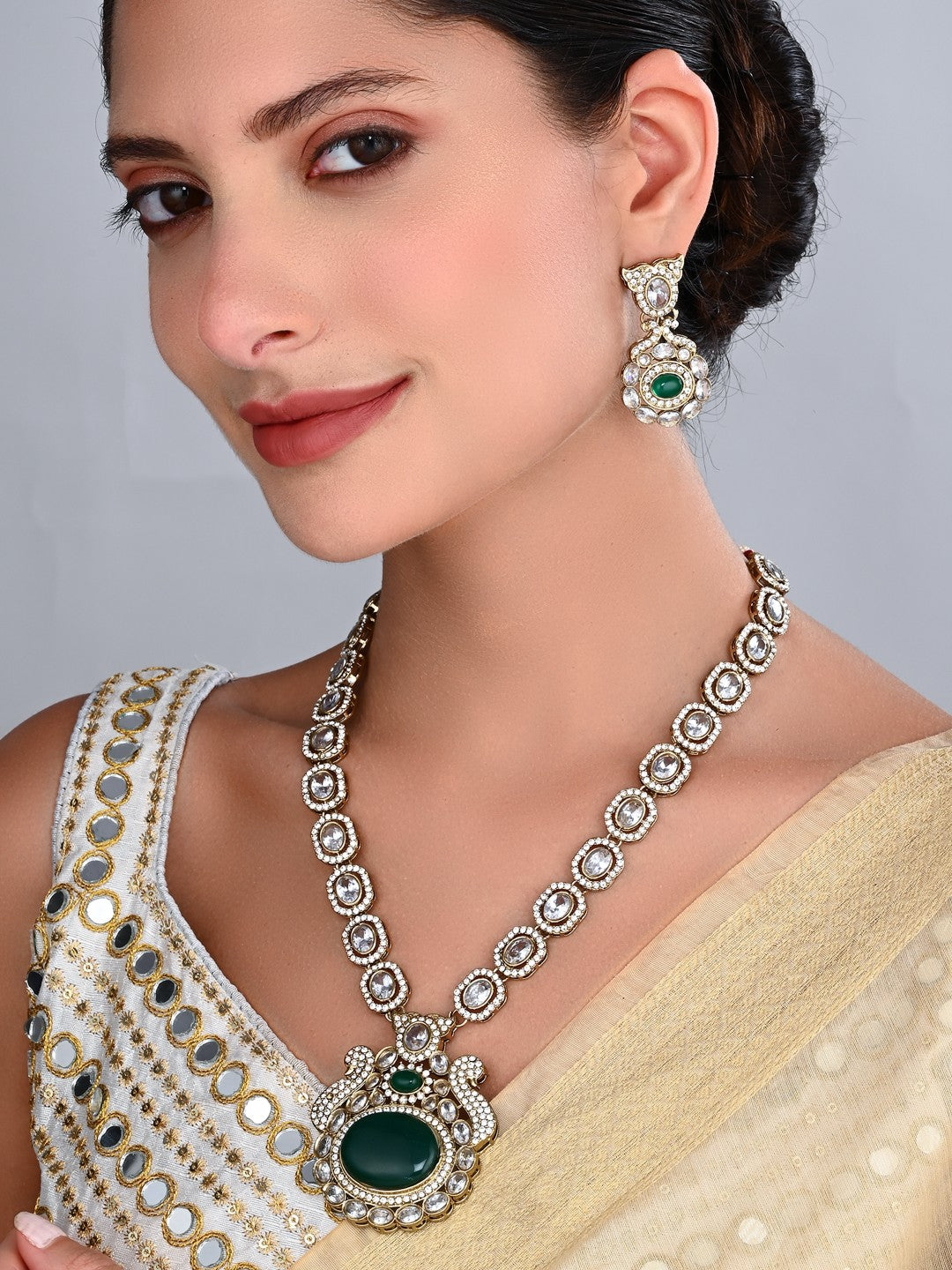 Emerald Green Elegance Gold-Tone Necklace & Earrings Set