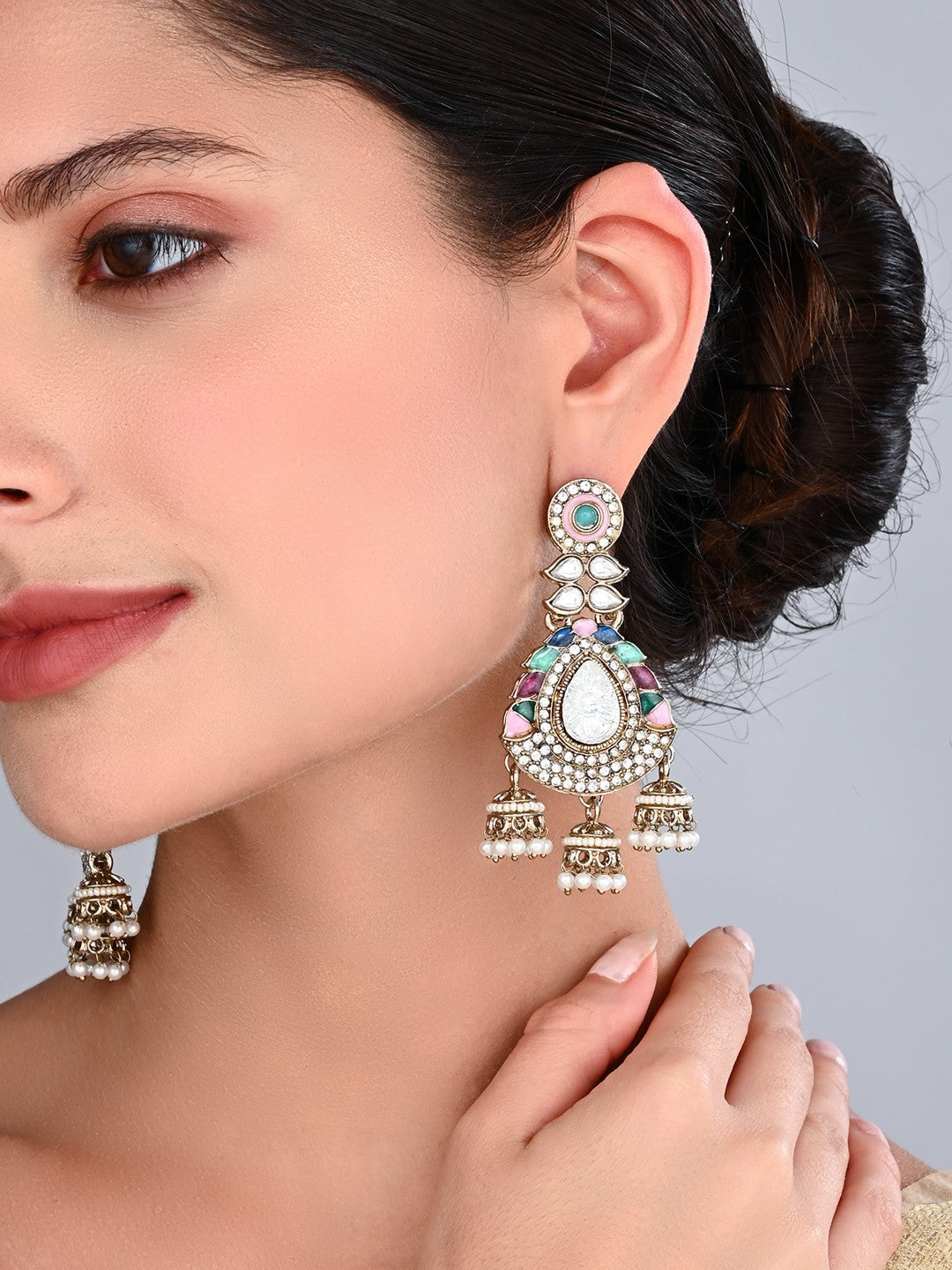 Kundan Chandbali Earrings with Jhumka Drops
