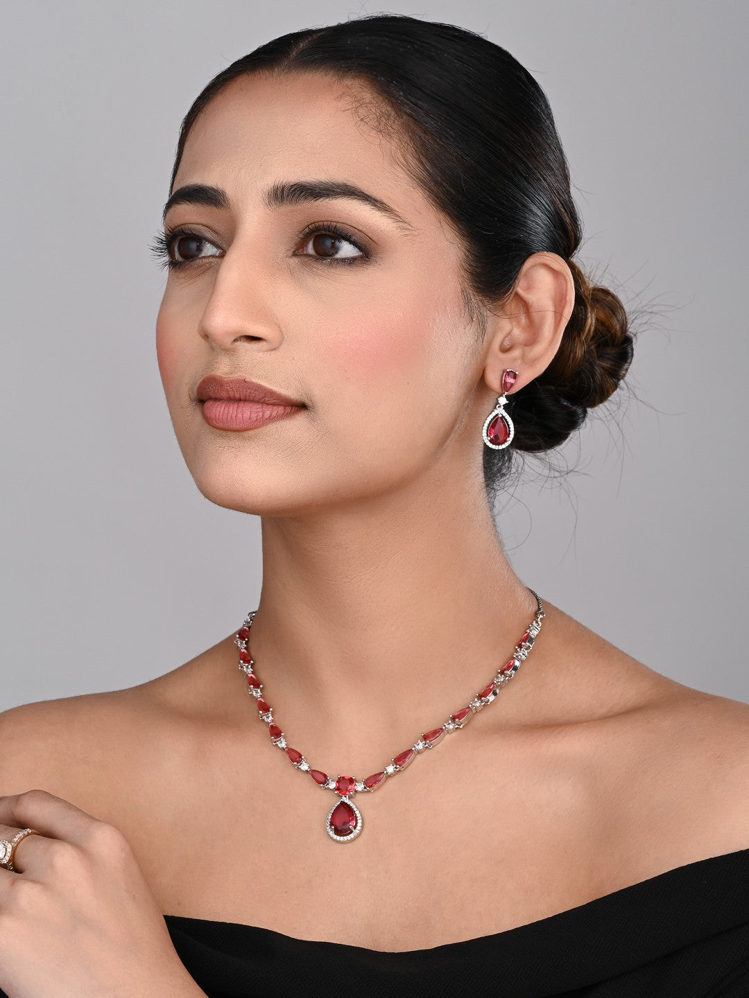 Silver-Tone Ruby Red Teardrop Necklace Set
