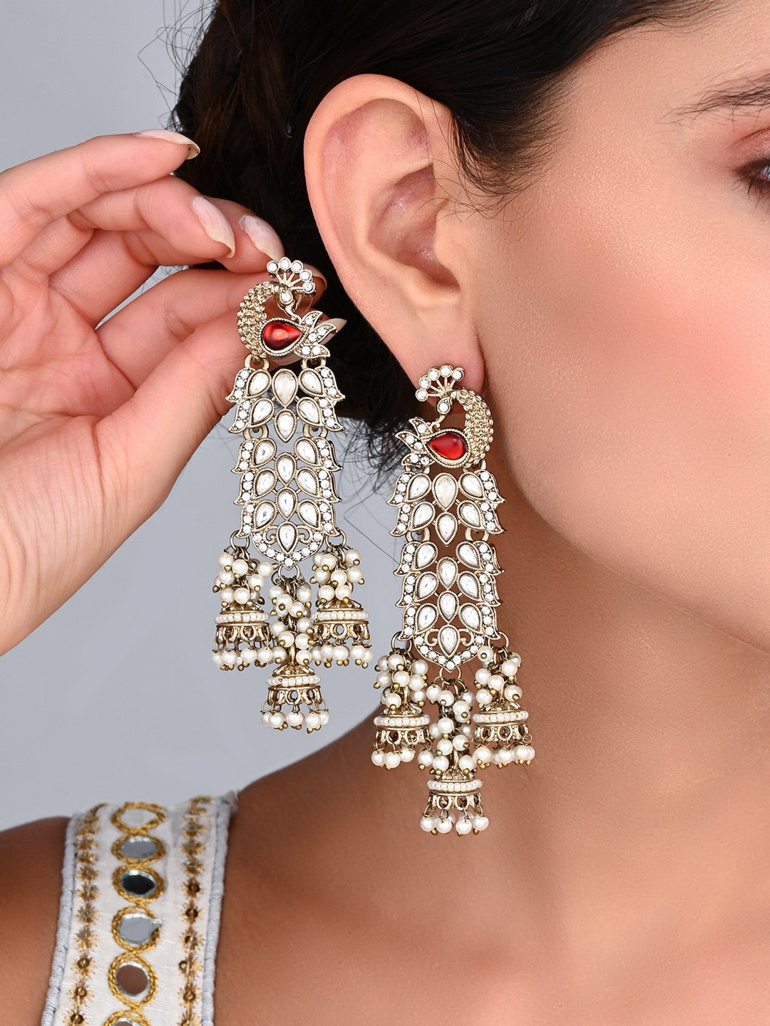 Gold-Toned Drop Earrings with Stone Accents Red