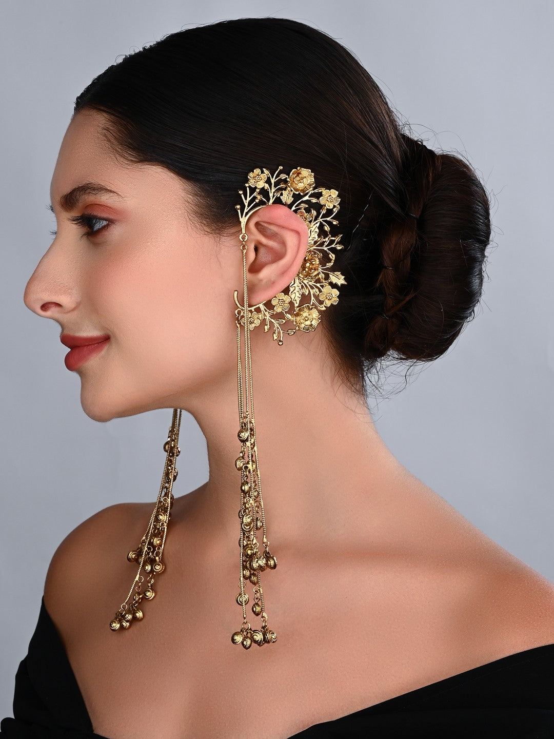 Aarika Gold Floral Ear Cuff Chain Earrings
