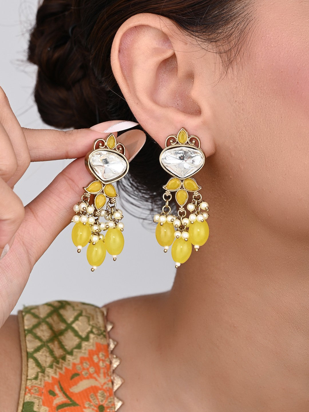 Gold plated Kundan & Pearl drop Earrings- Yellow