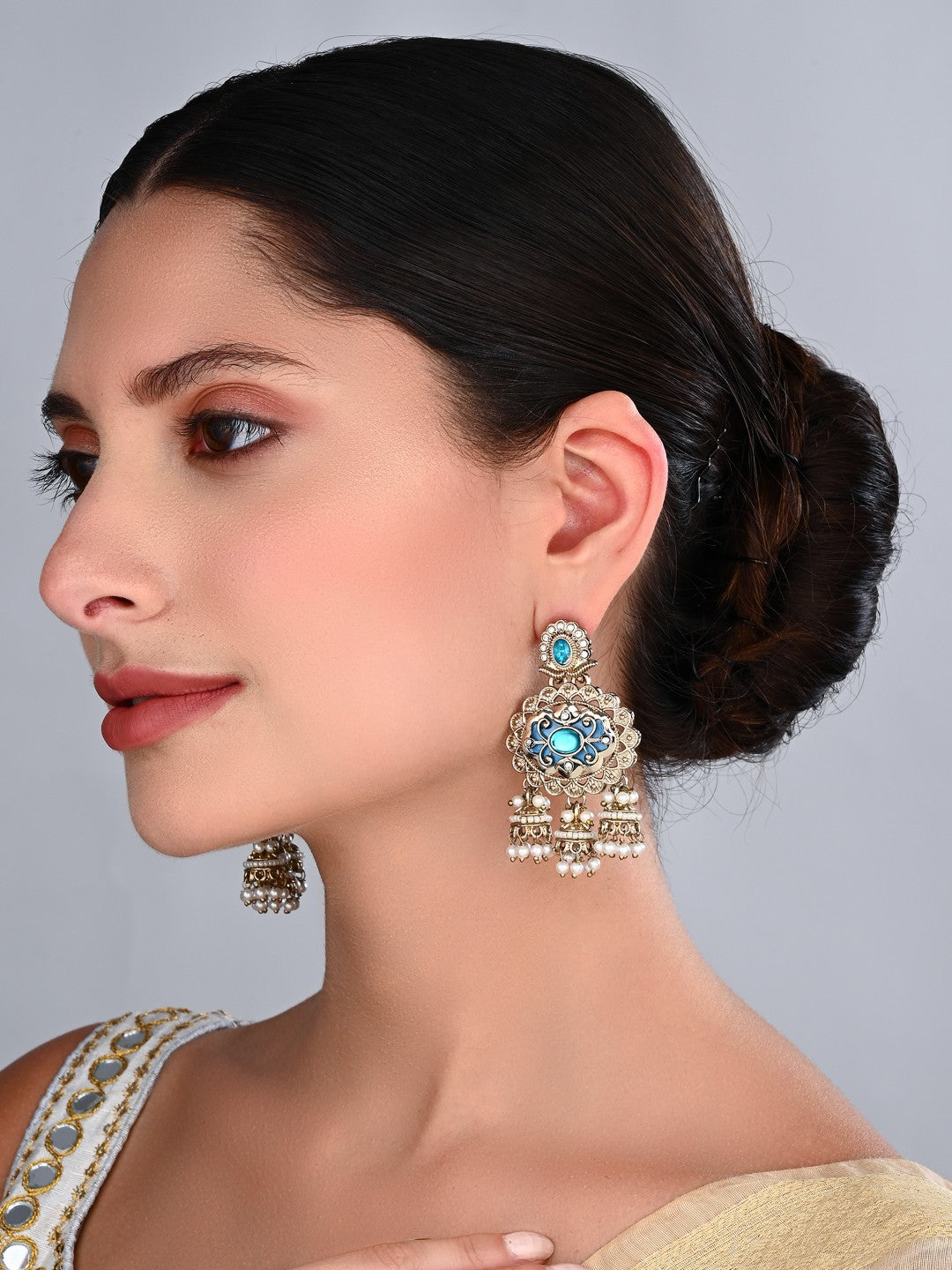 Gold-Toned Kundan Chandelier Earrings with Turquoise Stones