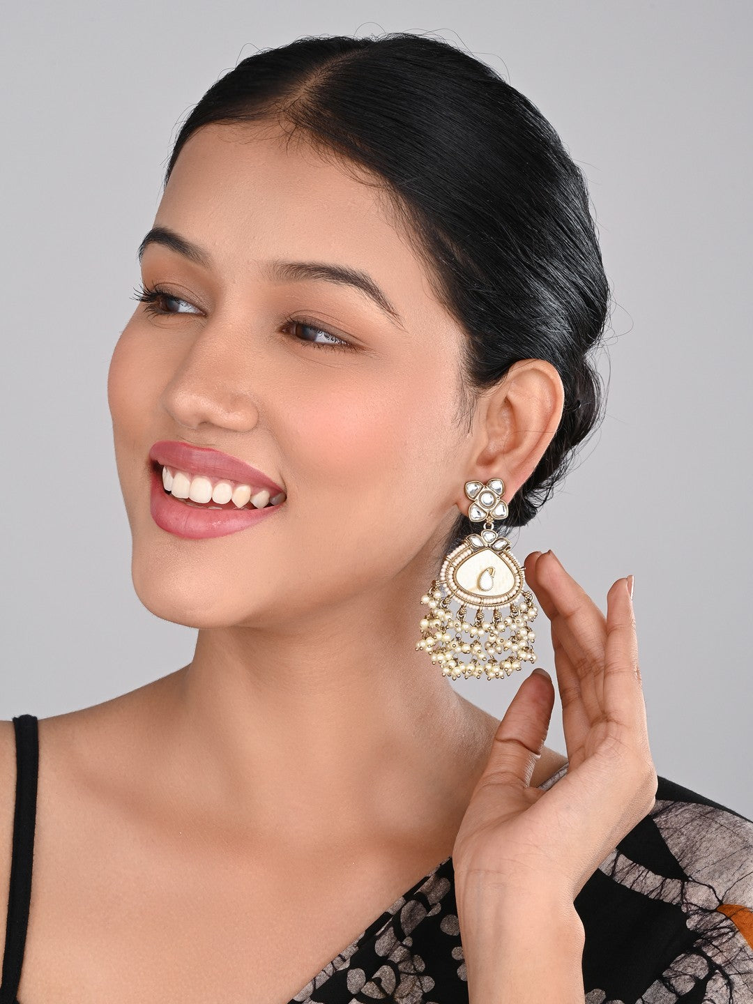 Contemporary kundan, MOP & Meenakari chandbali Earring