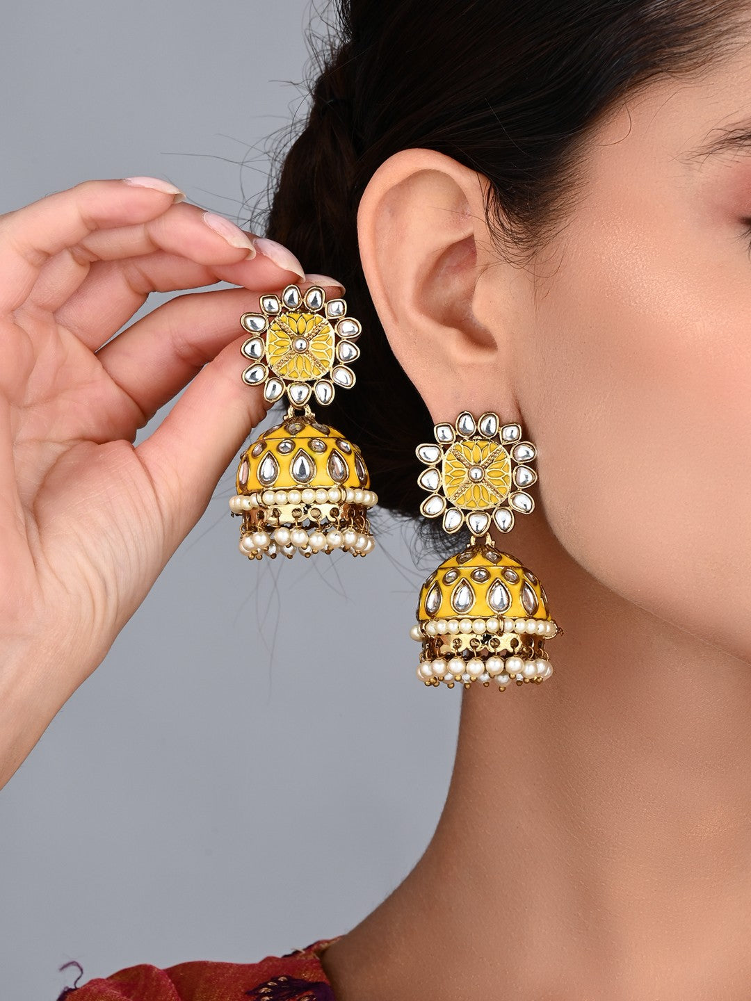 Kesari Yellow Meenakari Jhumka Earrings