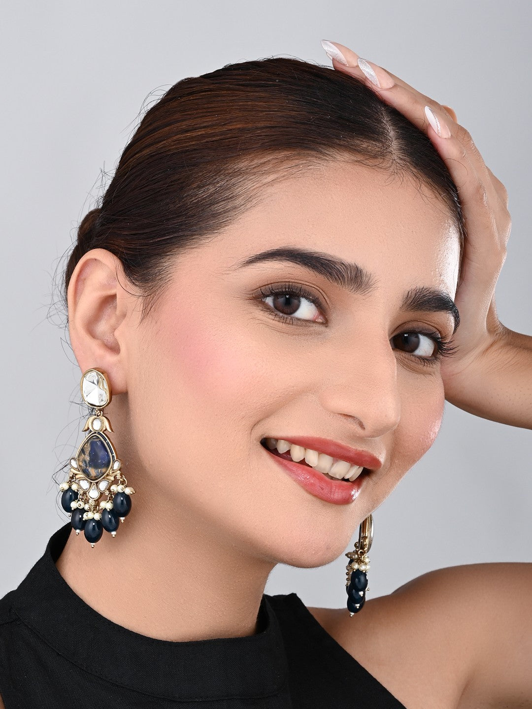 Gold plated two tone Pear shaped stone drop earring - Blue