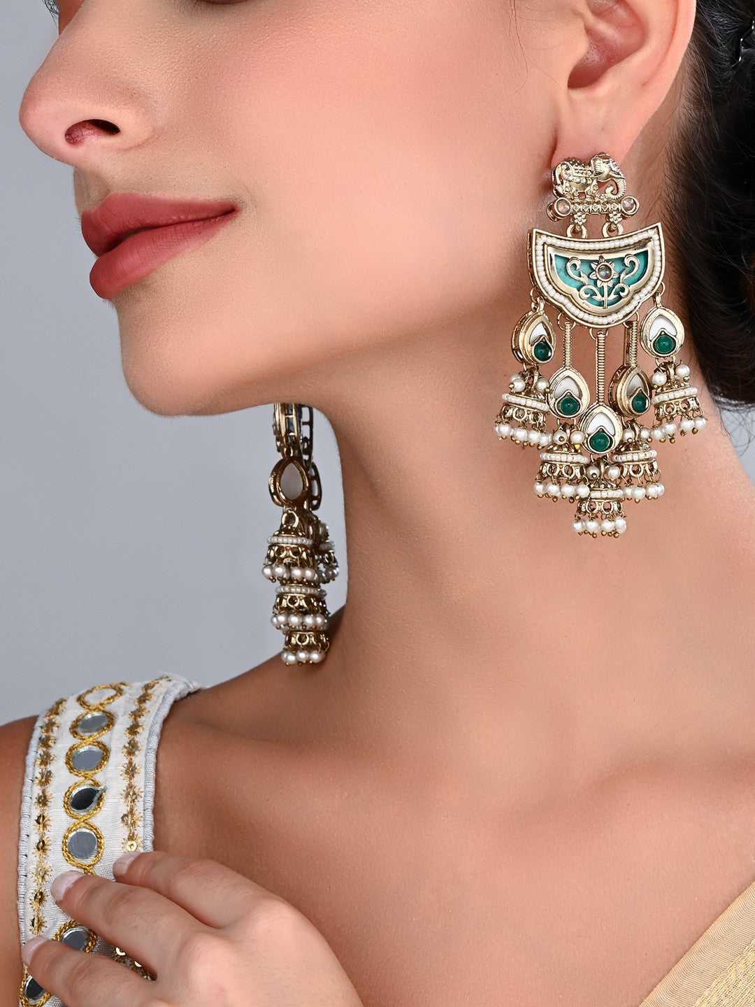 Gold-Toned MOP Chandelier Earrings with Jhumka Drops Green