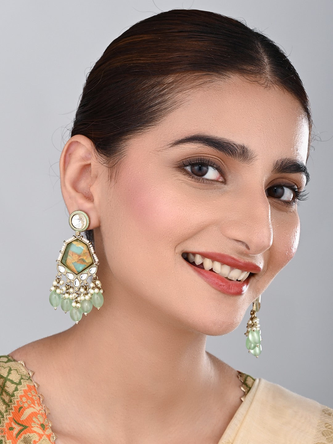 Gold plated two tone Geometric stone drop earring - Sage green