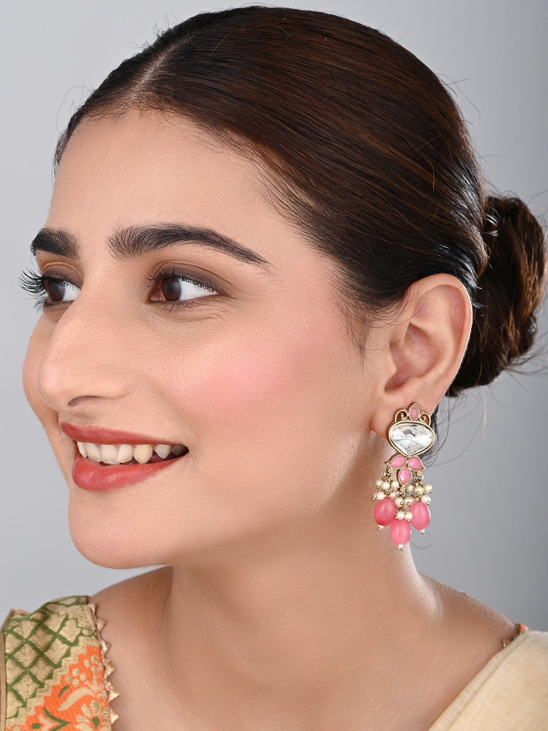 Gold plated Kundan & Pearl drop Earrings- Pink