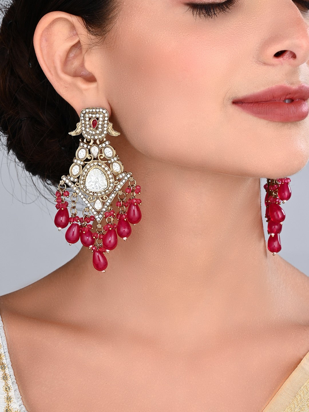 Gold-Toned Kundan Chandelier Earrings with Red Bead Drops