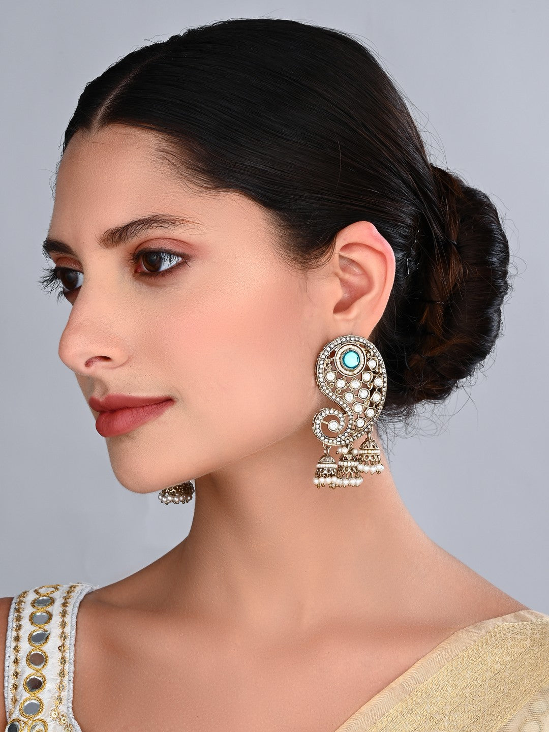 Gold-Toned Paisley Stud Earrings with Stones and Pearl jhumka Drops