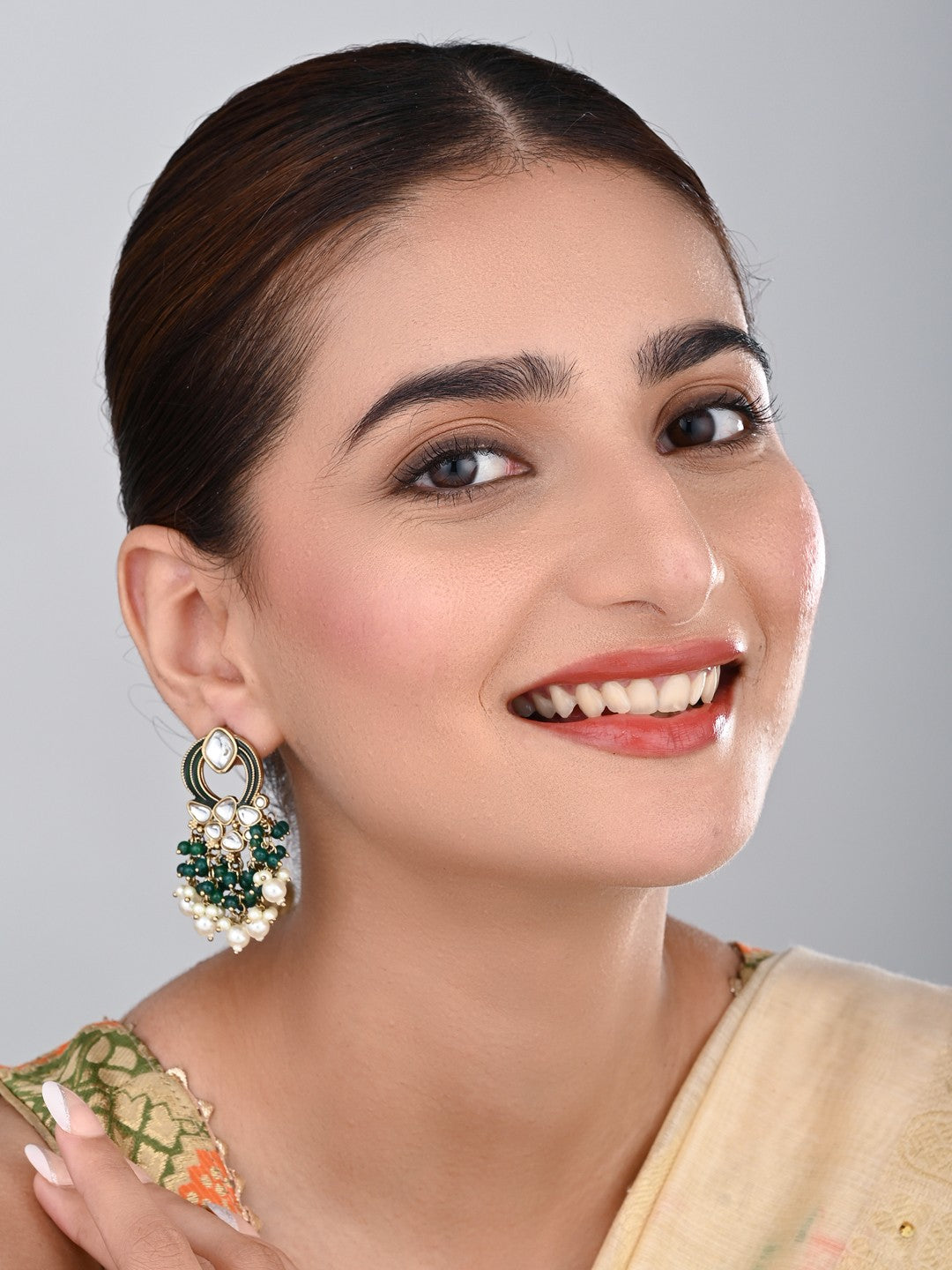 Gold-Plated Meenakari Stud Earrings with Kundan & Pearl Cluster drops - Green