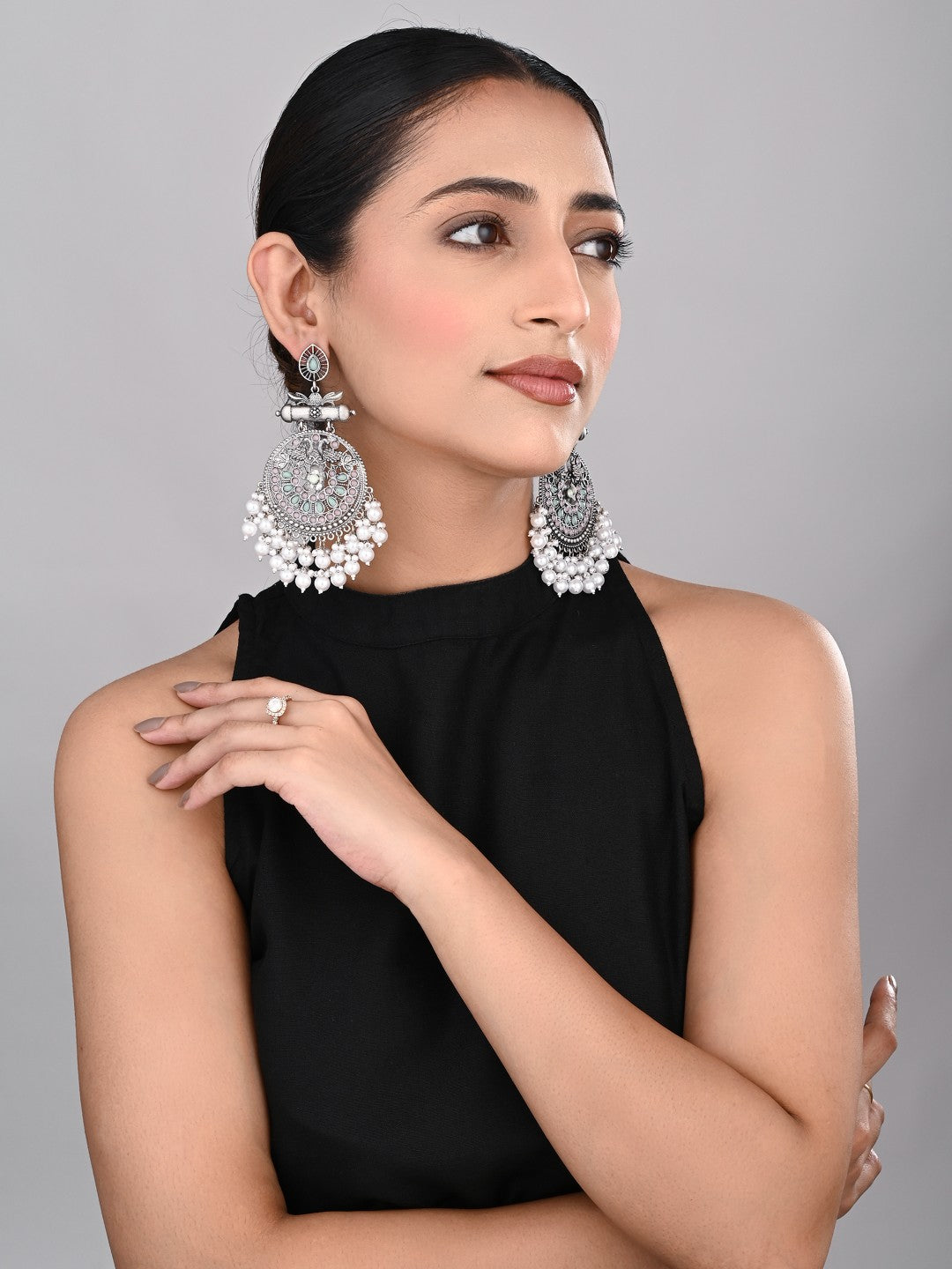 Oxidised Silver Meenakari Peacock Earrings