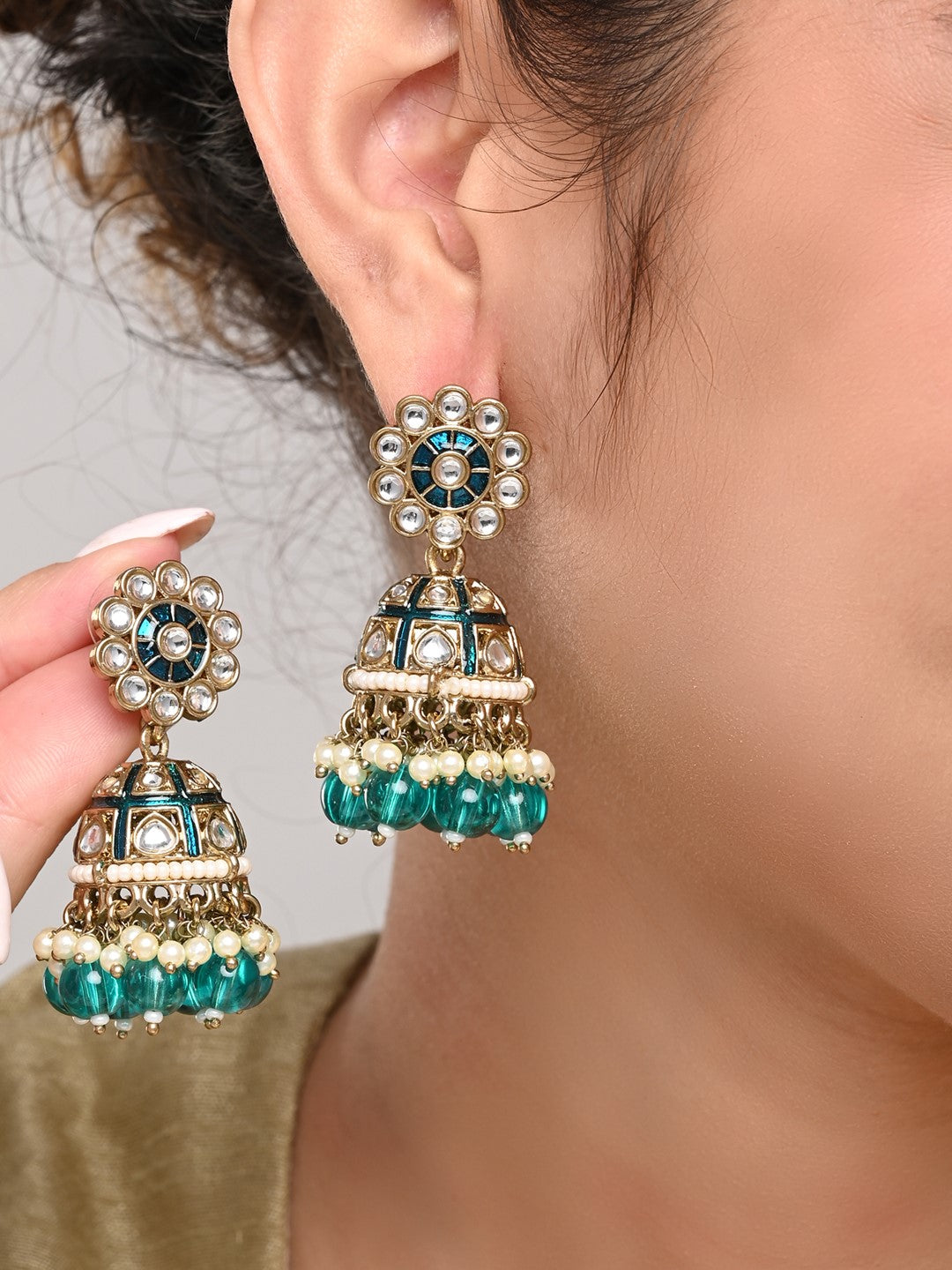 Gold plated kundan & Blue Meenakari Jhumka Earring