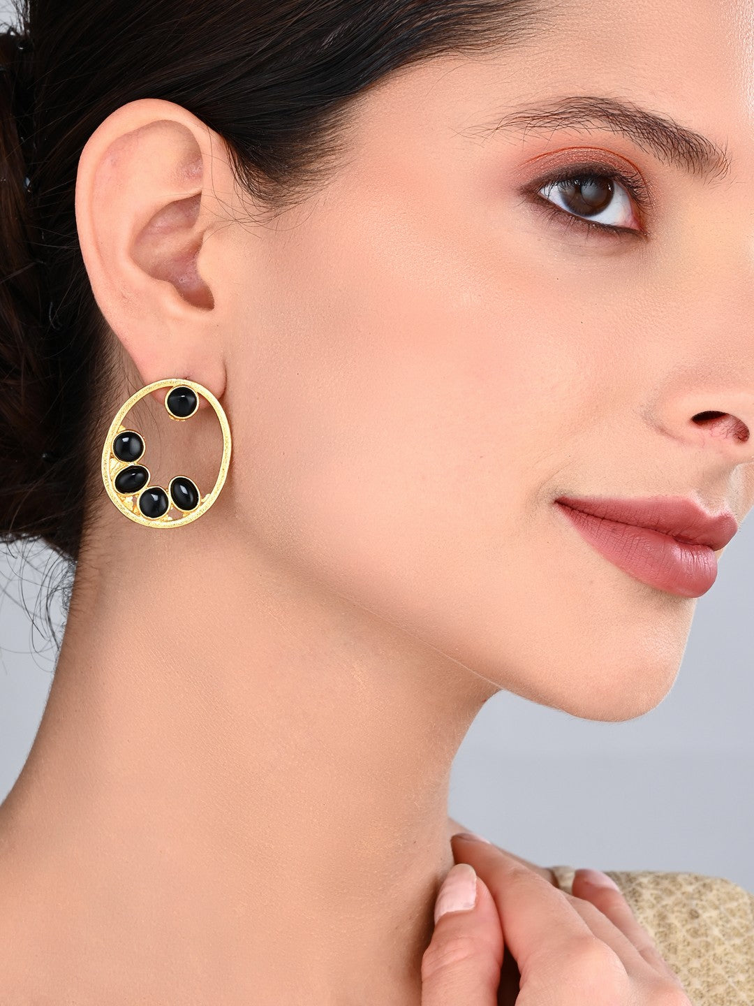 Black Stone Gold-Toned Oval Statement Earrings