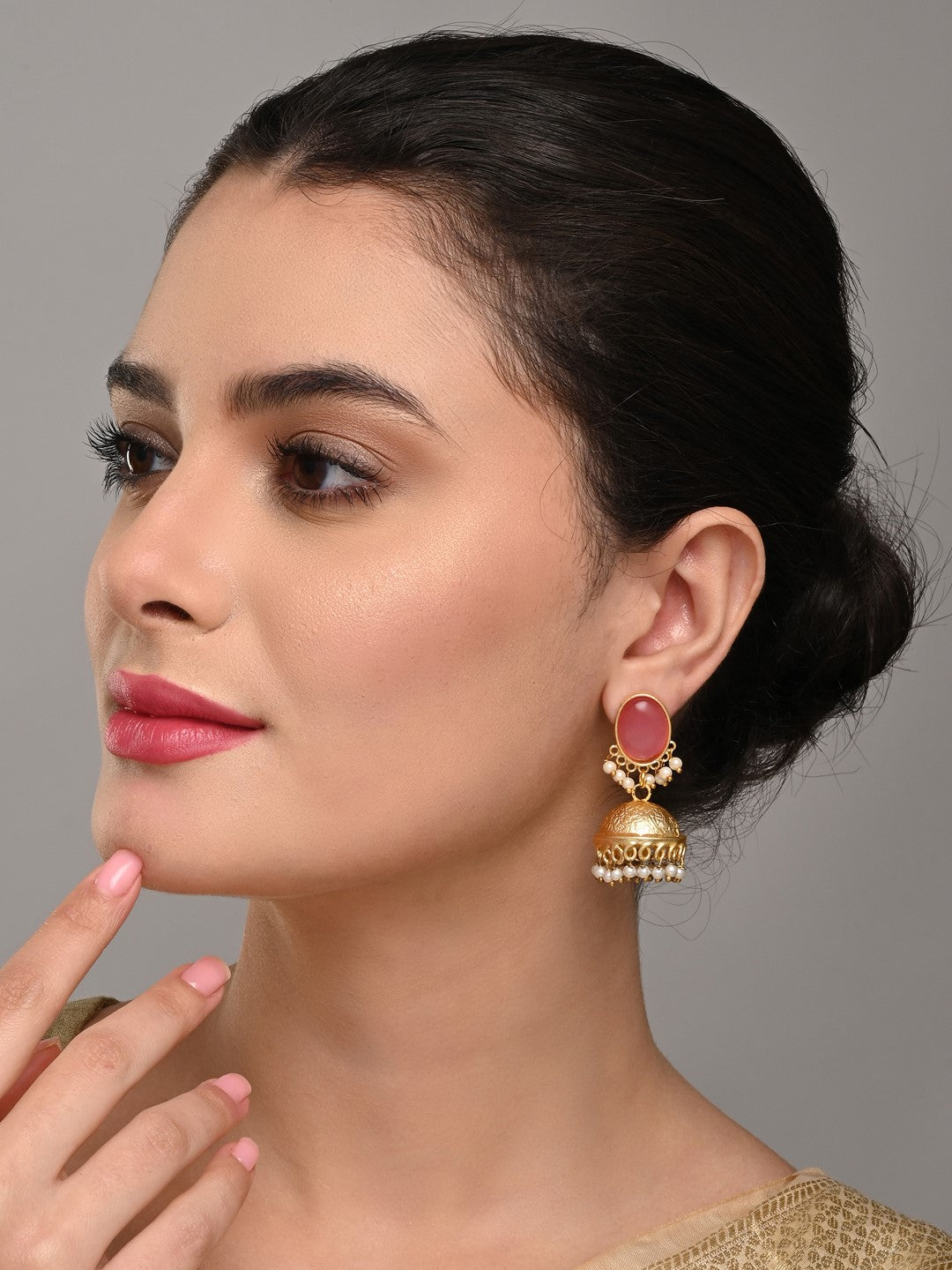 Gold plated Jhumka Earring Pink