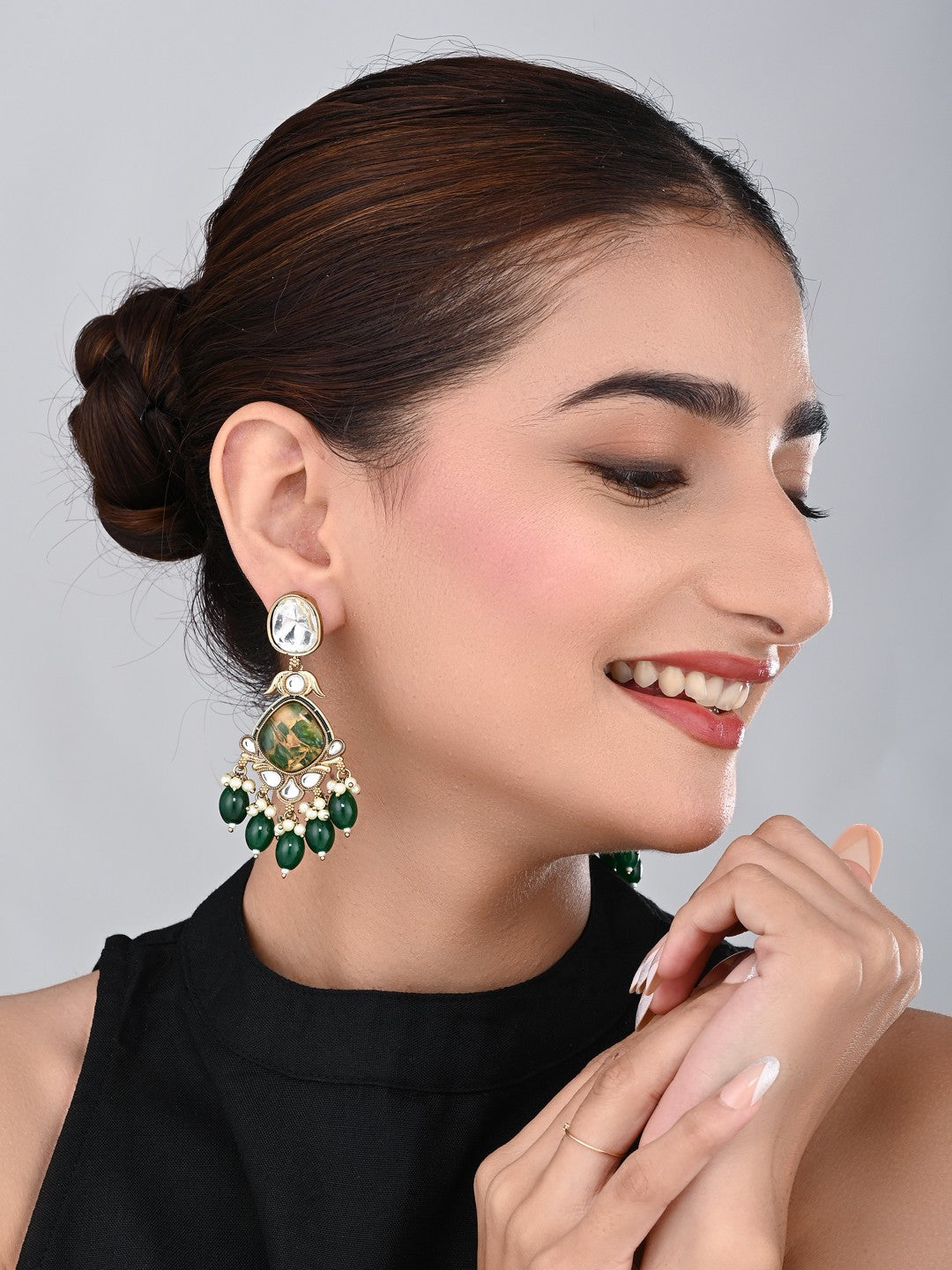 Gold plated two tone Pear shaped stone drop earring - Green