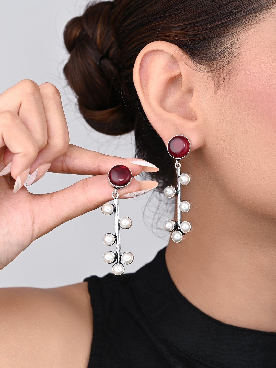 Red Stone & pearl drop Earring
