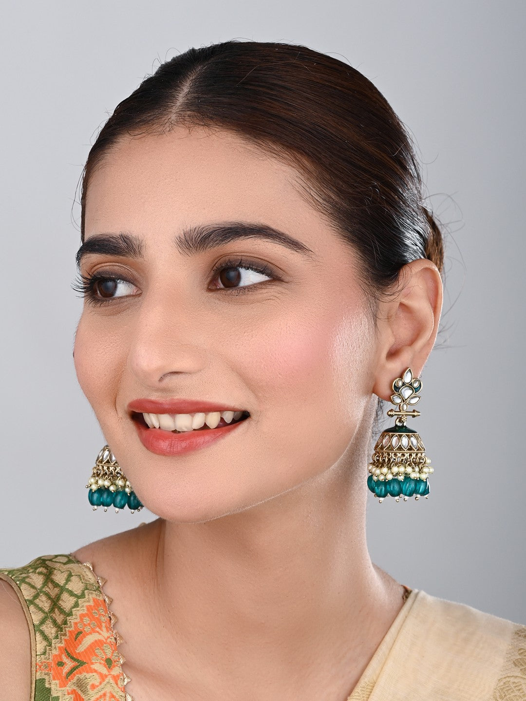 Gold plated Kundan & Meenakari Jhumka Earrings - Teal