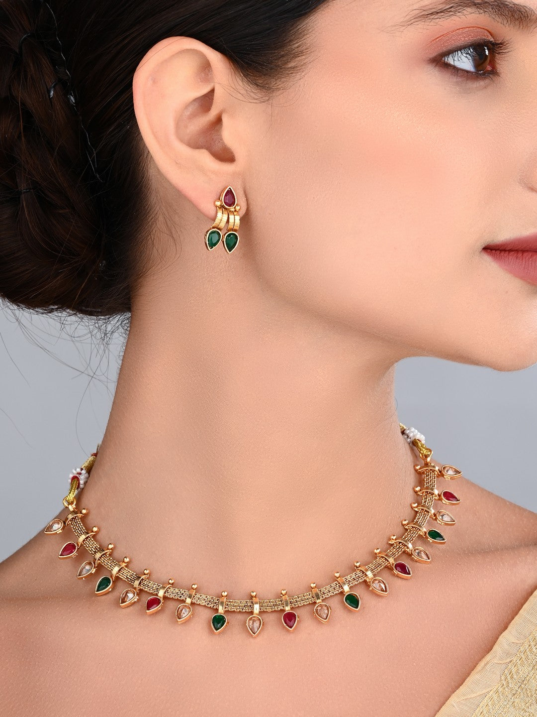 Multicolour Festive Gold-Tone Necklace & Earrings Set