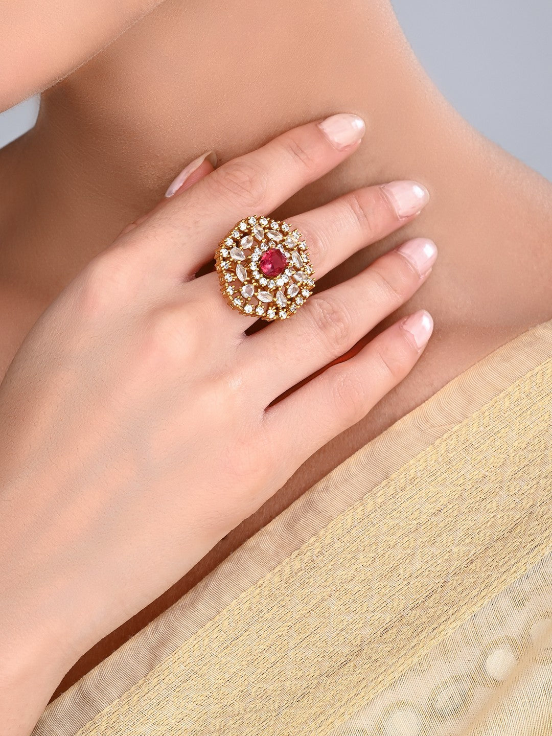 Ruby Red Stone & Crystal Floral Ring