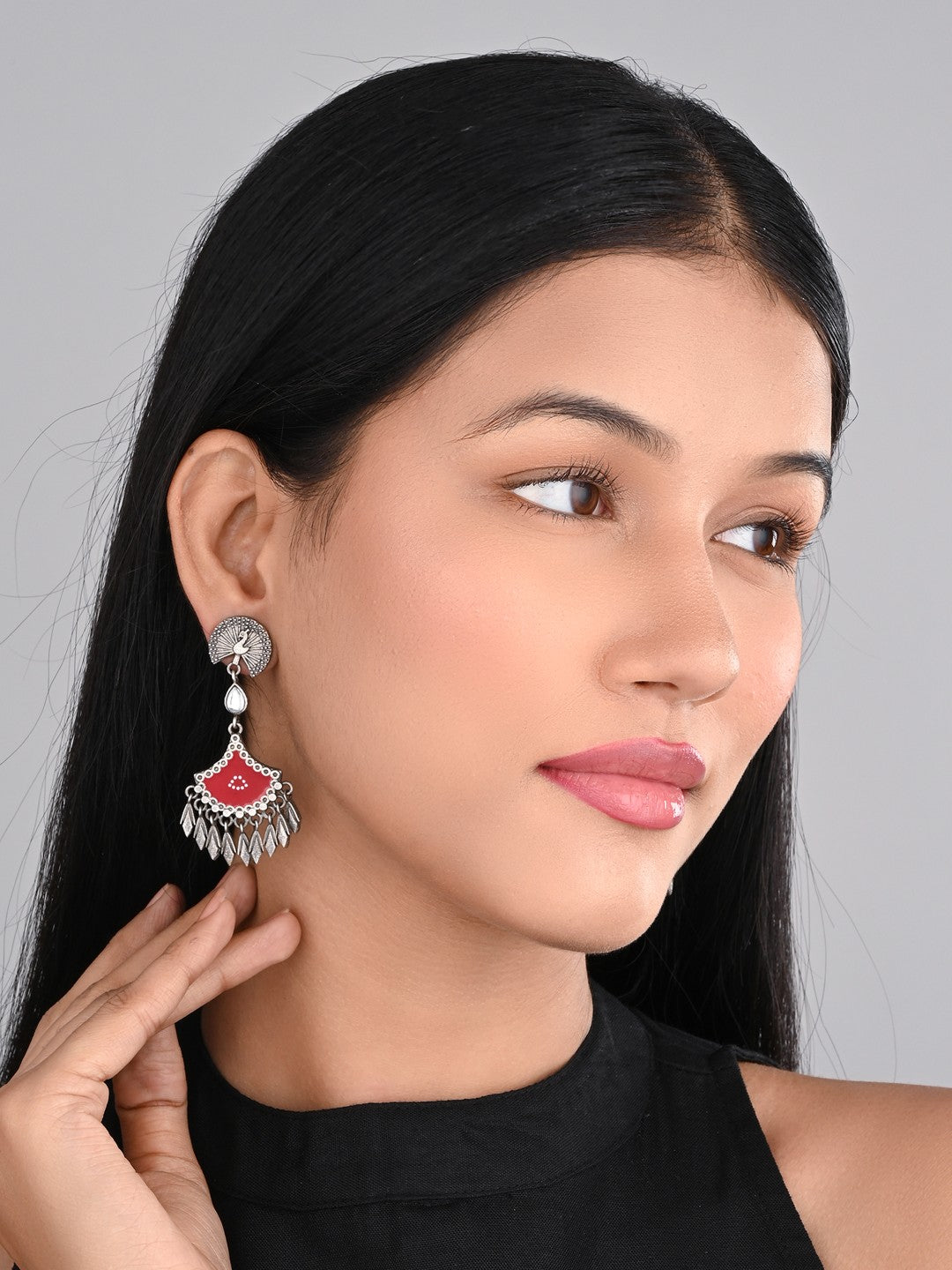 Silver Oxidised finish Red hand painted drop earring