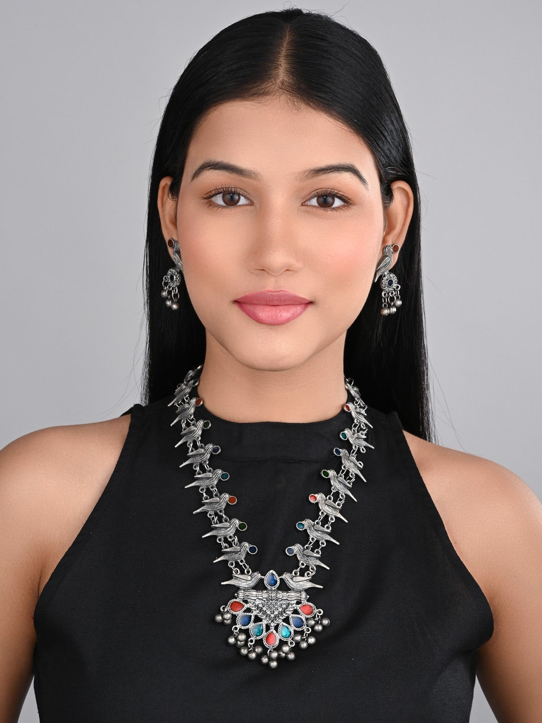 Silver Oxidised Finish Meenakari Jewellery Set