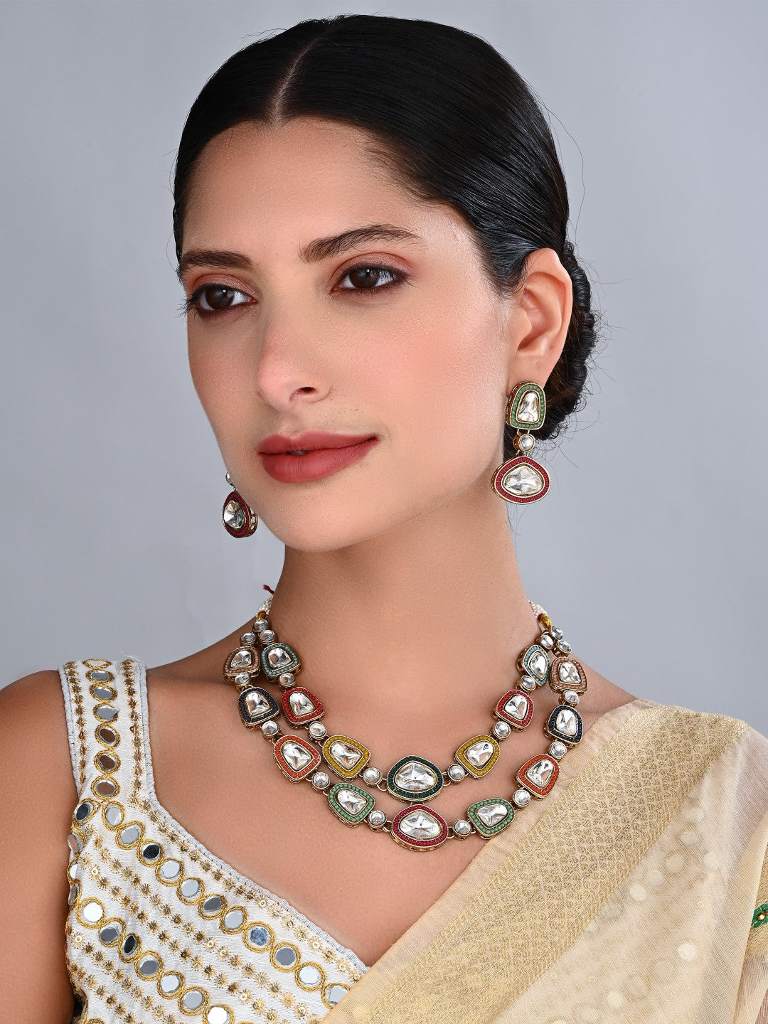 Multicolour Kundan Gold-Tone Necklace & Earrings Set