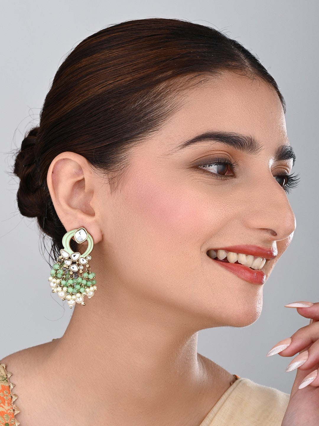 Gold-Plated Meenakari Stud Earrings with Kundan & Pearl Cluster drops - Sage green