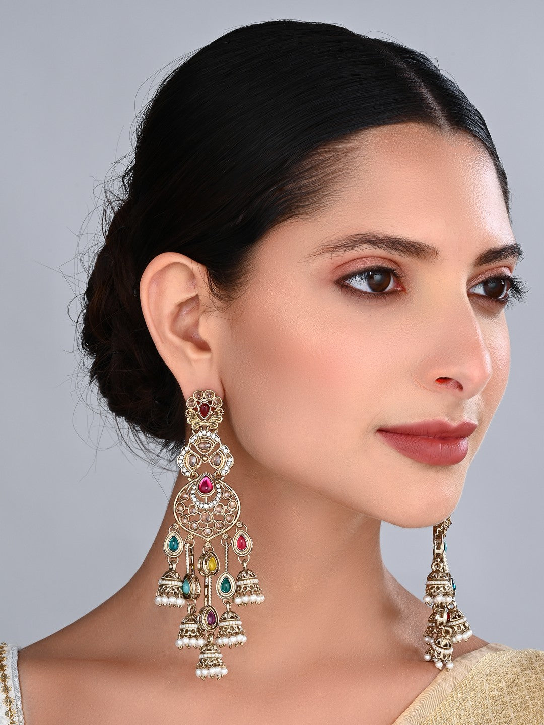 Gold-Toned Multicolour Kundan Chandelier Earrings