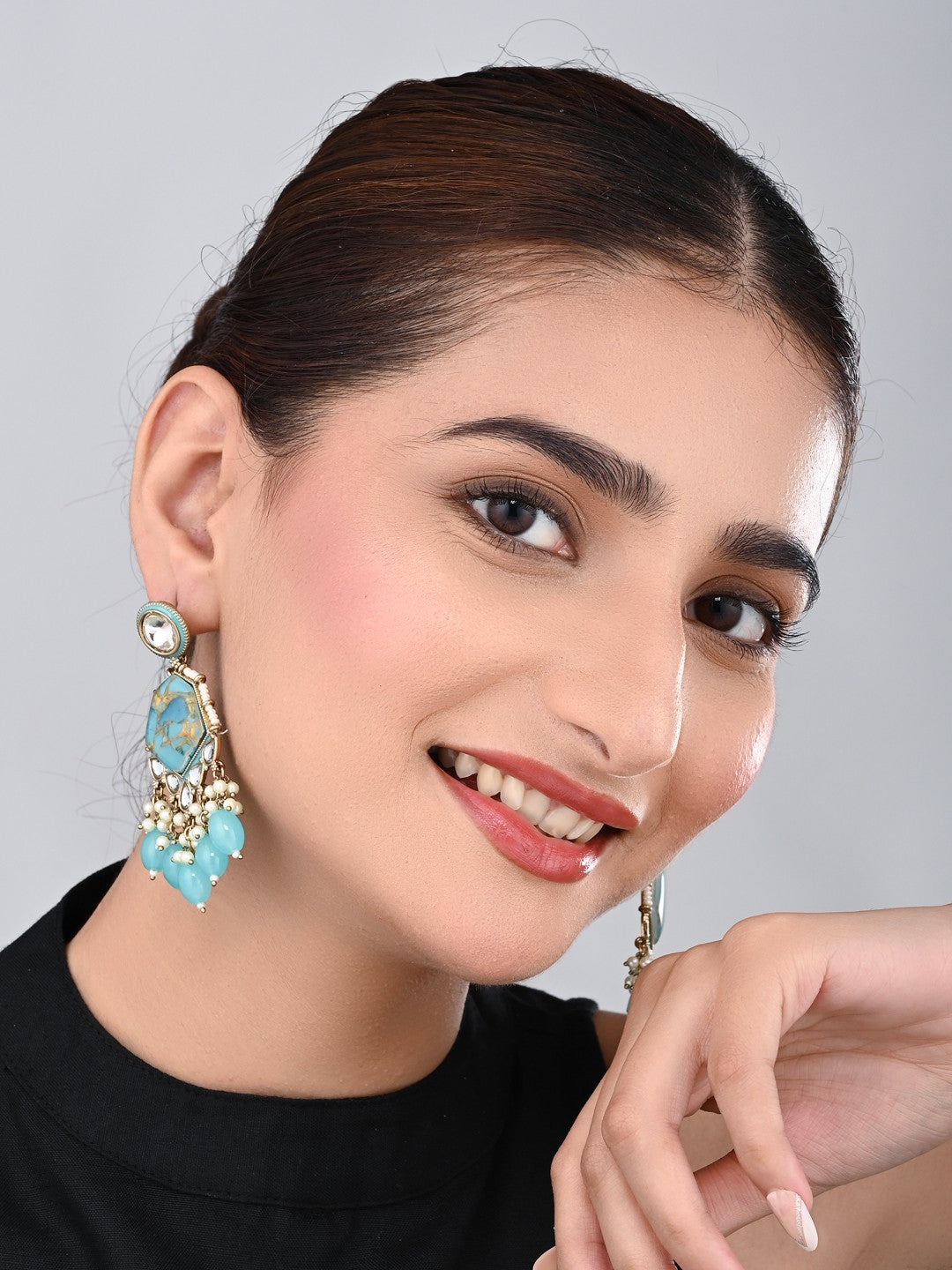 Gold plated two tone Geometric stone drop earring - Blue