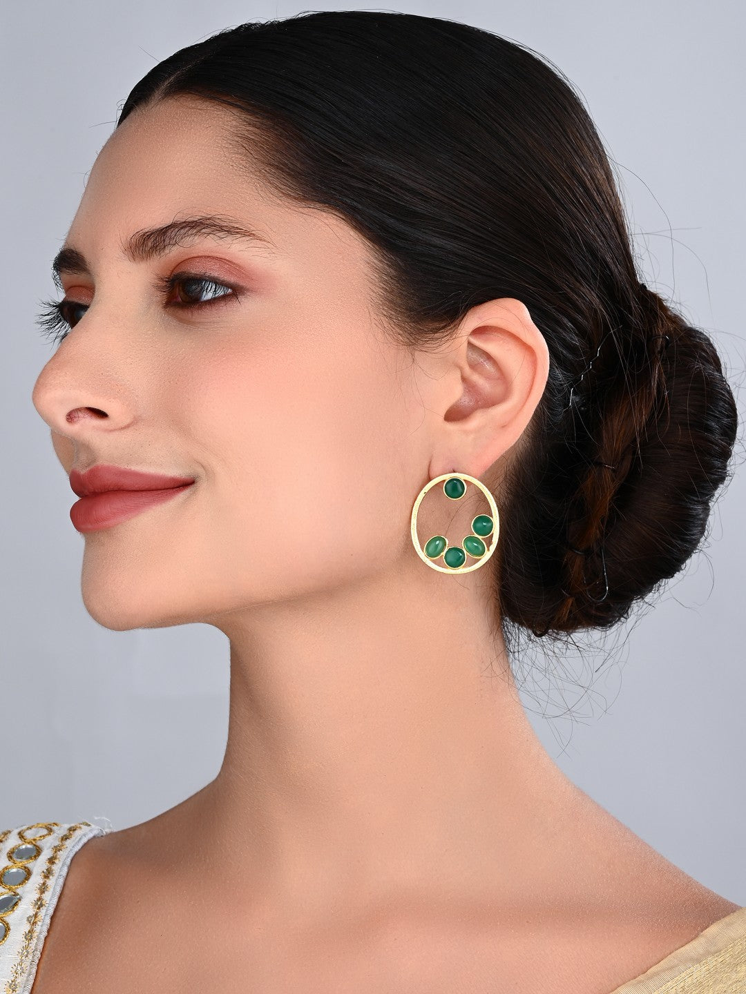 Green Stone Gold-Toned Oval Statement Earrings