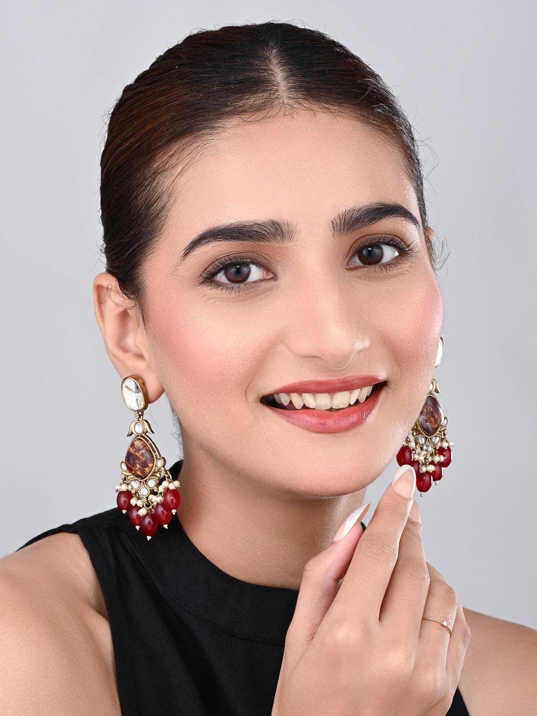 Gold plated two tone Pear shaped stone drop earring - Red