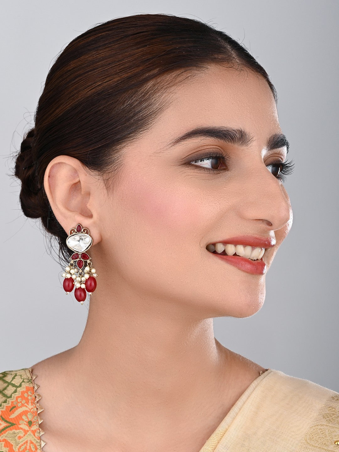 Gold plated Kundan & Pearl drop Earrings- Red
